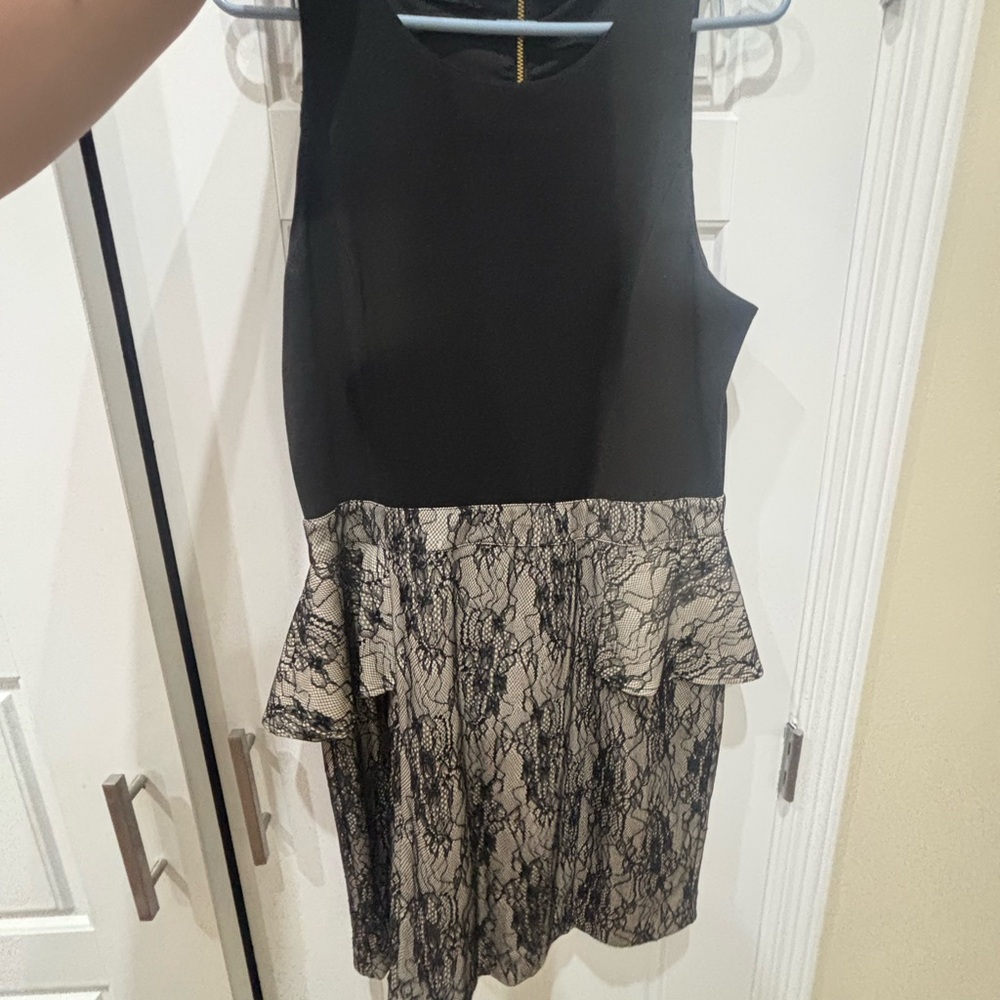 Bebe Black Peplum Top with Beige Lace Skirt